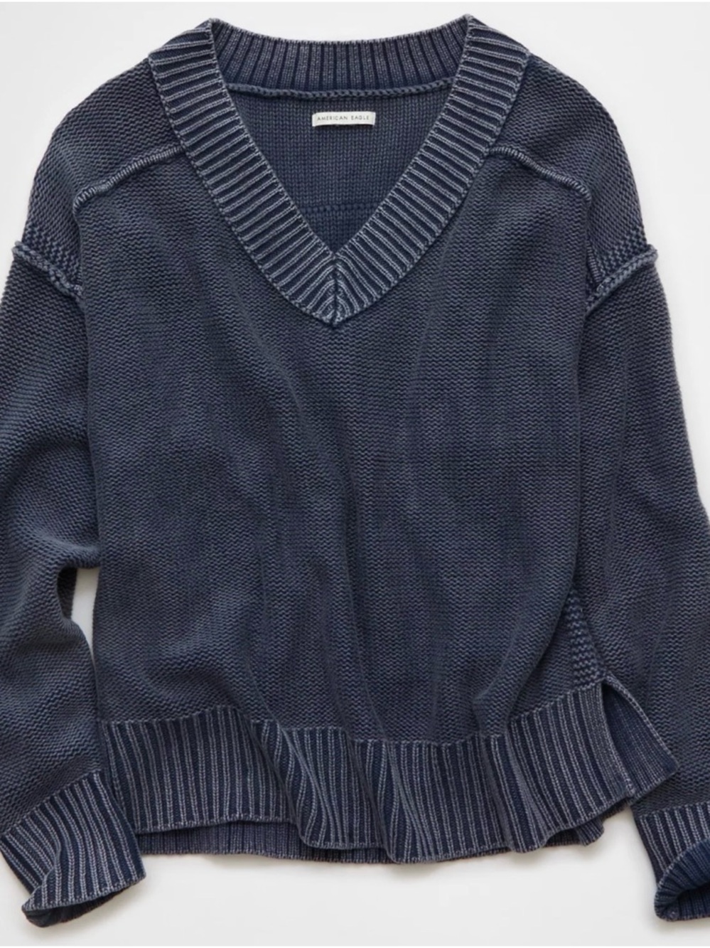 American Eagle Outfitters Dark Navy V-Neck Textured Knit Sweater